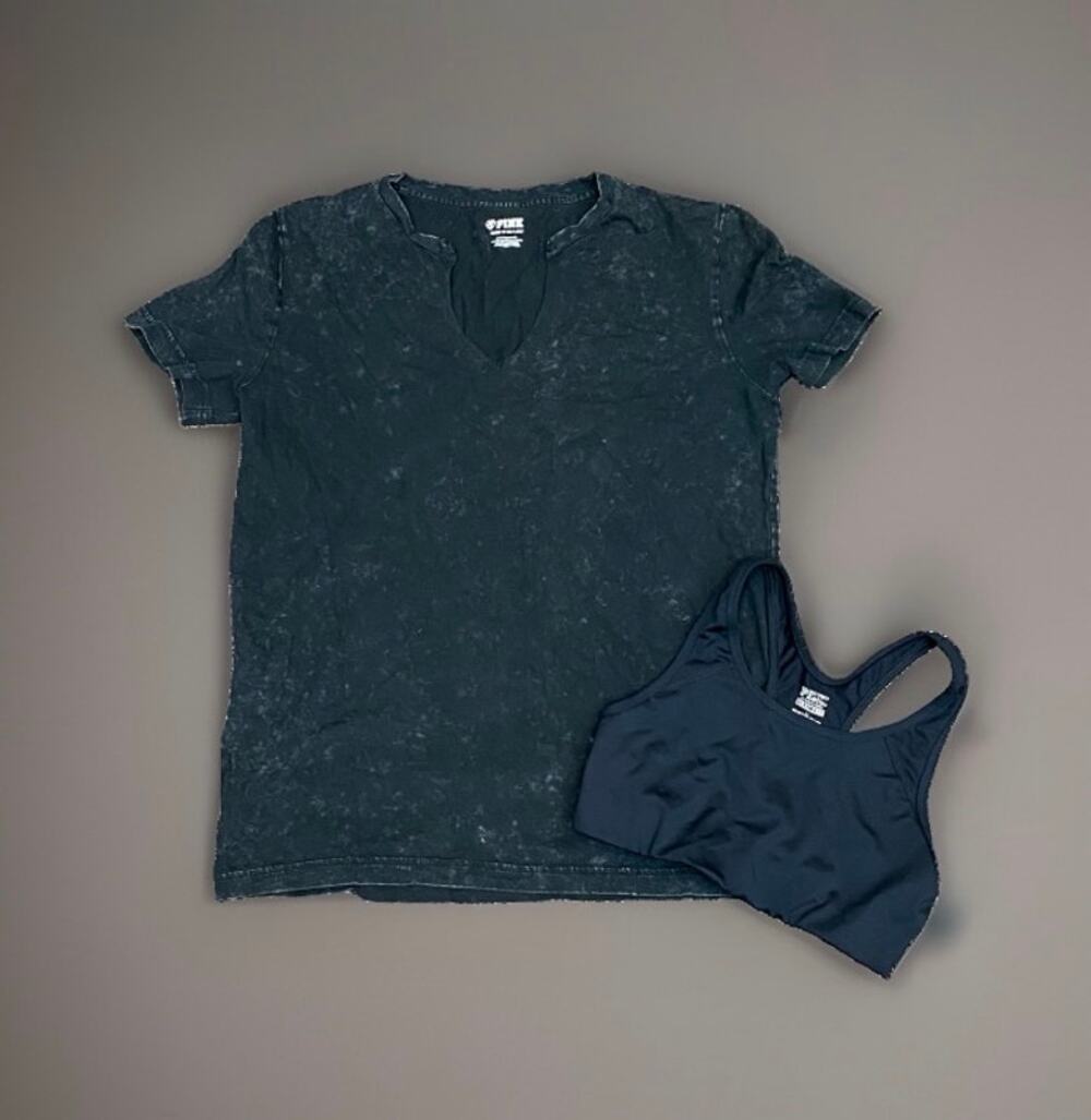 VS PINK Bundle Acid Wash Split-Neck Tee (S) & Black Ultimate Sports Bra (M)